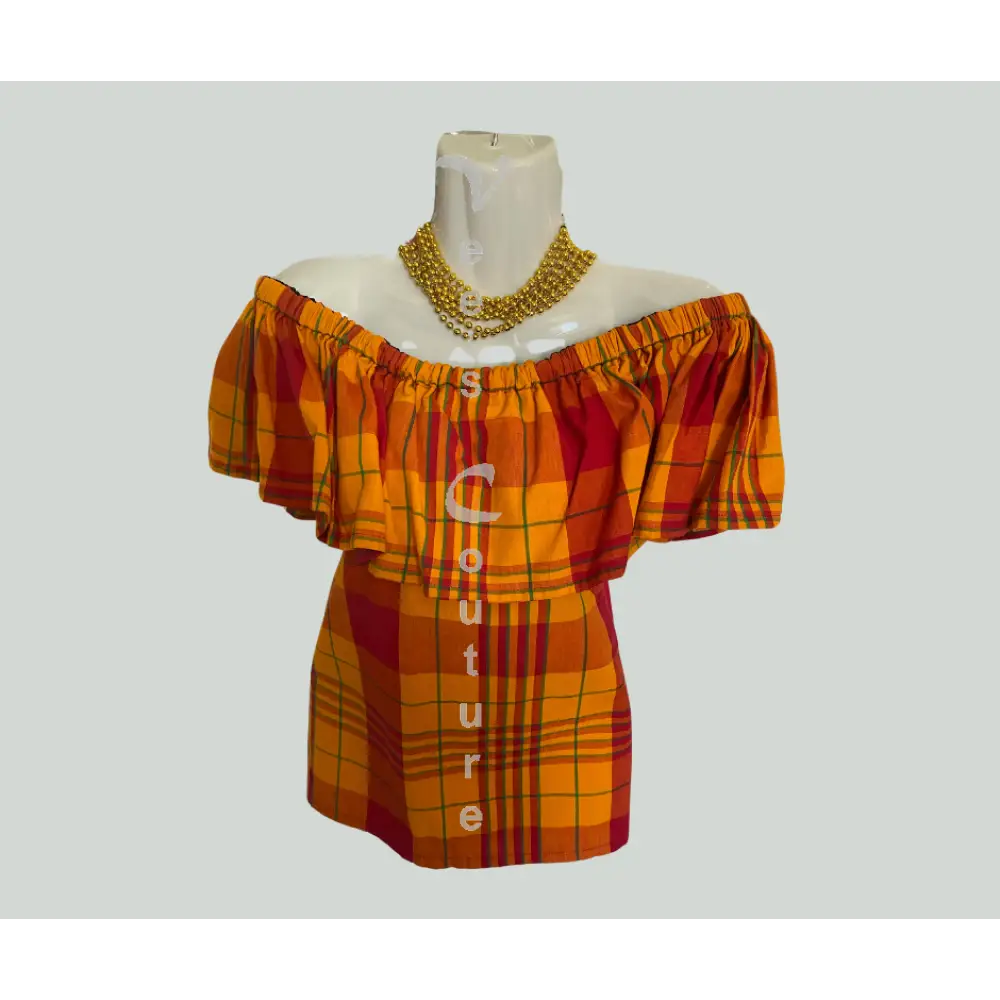 Single Layer Off-Shoulder Madras Blouse Vibrant Orange